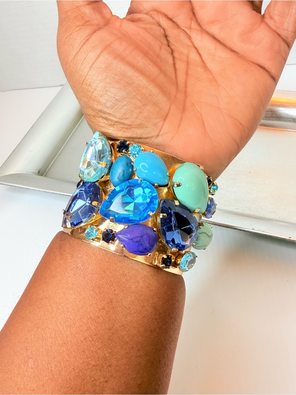Gold tone Cuff Bracelet with Blue and Turquoise Gemstones - Picture 6 of 6
